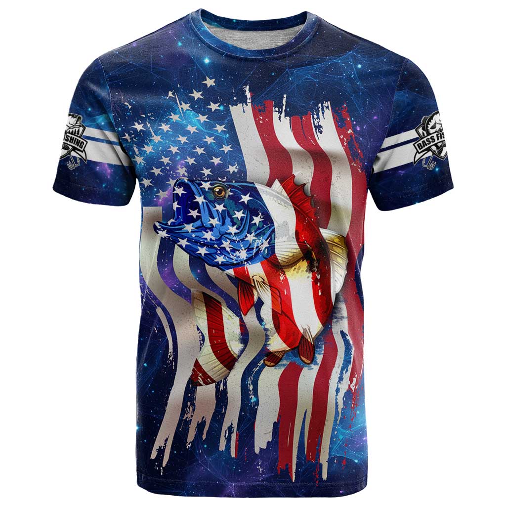 Bass Fishing T Shirt American Flag Patriotic and Cosmic Galaxy in Blue Red - Wonder Print Shop