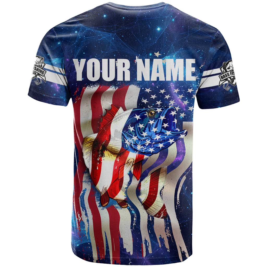 Bass Fishing T Shirt American Flag Patriotic and Cosmic Galaxy in Blue Red - Wonder Print Shop