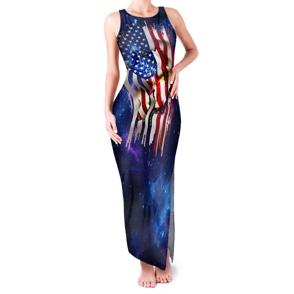 Bass Fishing Tank Maxi Dress American Flag Patriotic and Cosmic Galaxy in Blue Red - Wonder Print Shop