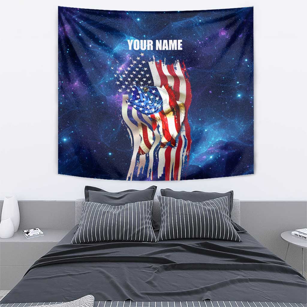 Bass Fishing Tapestry American Flag Patriotic and Cosmic Galaxy in Blue Red - Wonder Print Shop