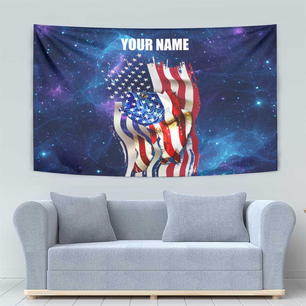 Bass Fishing Tapestry American Flag Patriotic and Cosmic Galaxy in Blue Red - Wonder Print Shop