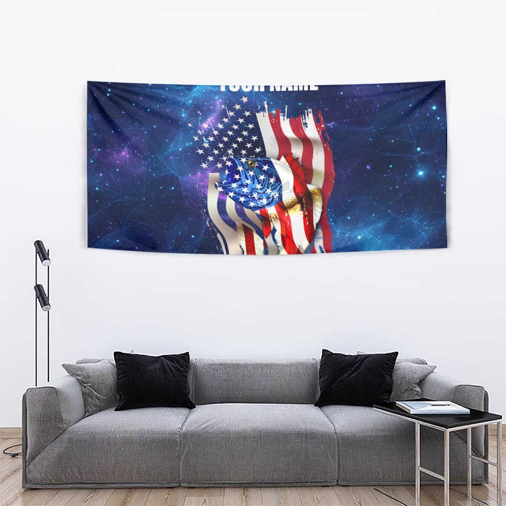 Bass Fishing Tapestry American Flag Patriotic and Cosmic Galaxy in Blue Red - Wonder Print Shop
