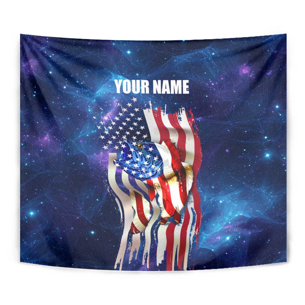 Bass Fishing Tapestry American Flag Patriotic and Cosmic Galaxy in Blue Red - Wonder Print Shop