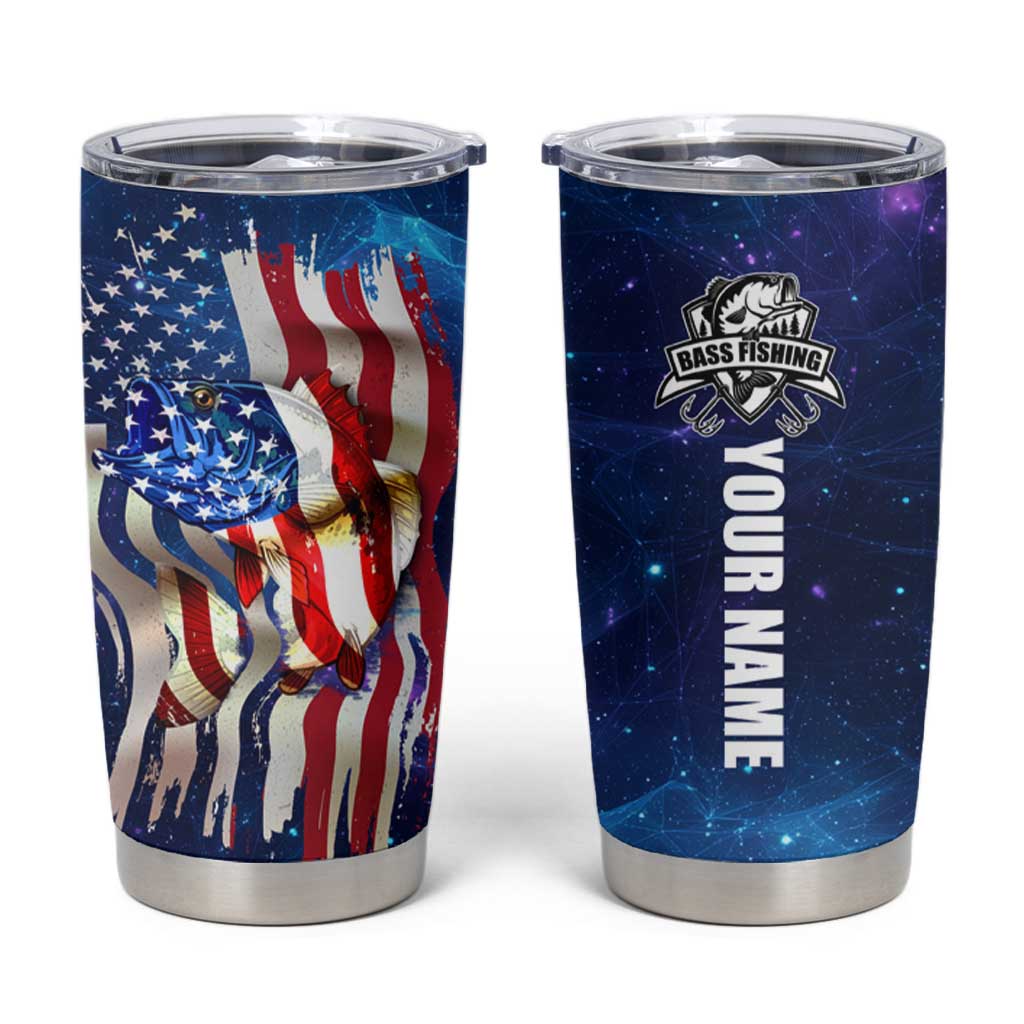 Bass Fishing Tumbler Cup American Flag Patriotic and Cosmic Galaxy in Blue Red - Wonder Print Shop