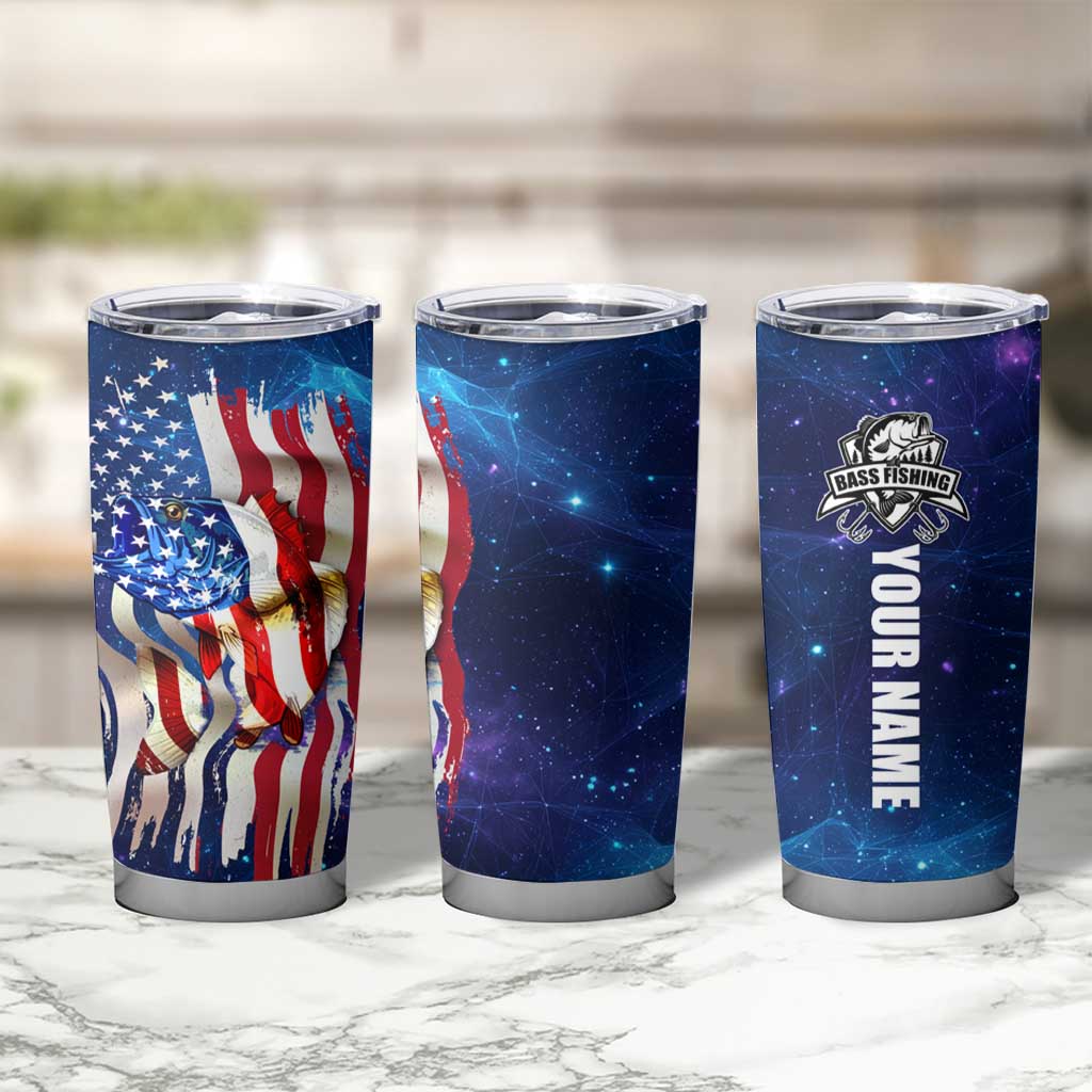 Bass Fishing Tumbler Cup American Flag Patriotic and Cosmic Galaxy in Blue Red - Wonder Print Shop