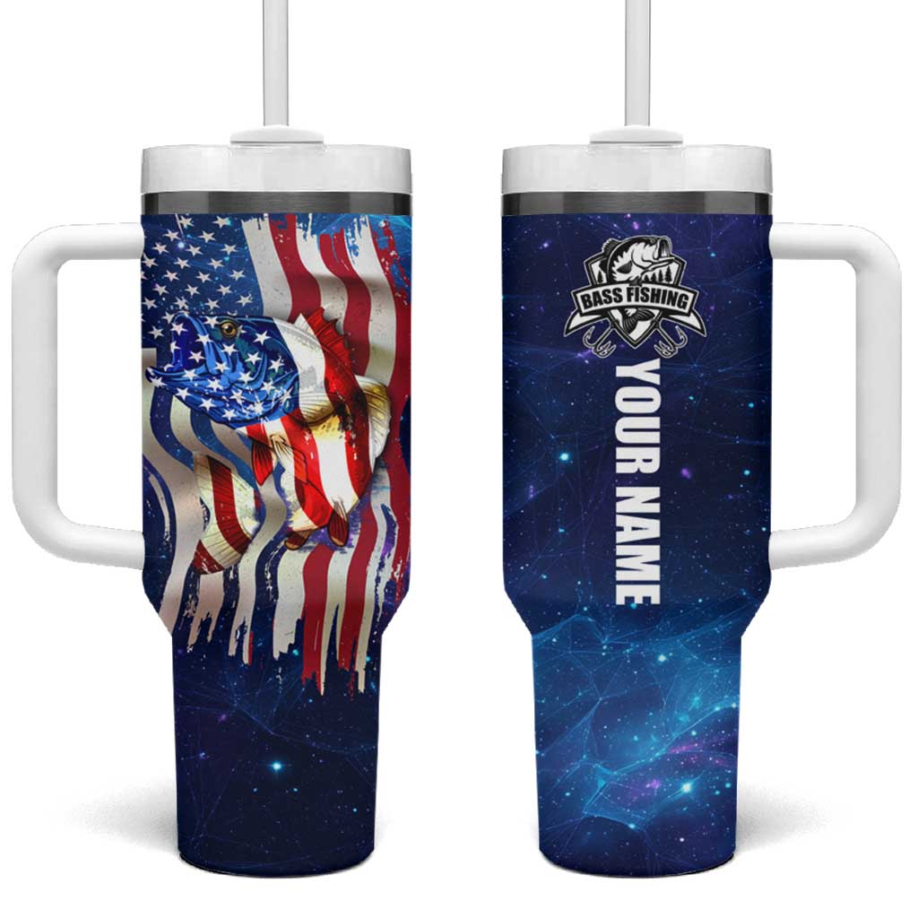Bass Fishing Tumbler With Handle American Flag Patriotic and Cosmic Galaxy in Blue Red - Wonder Print Shop