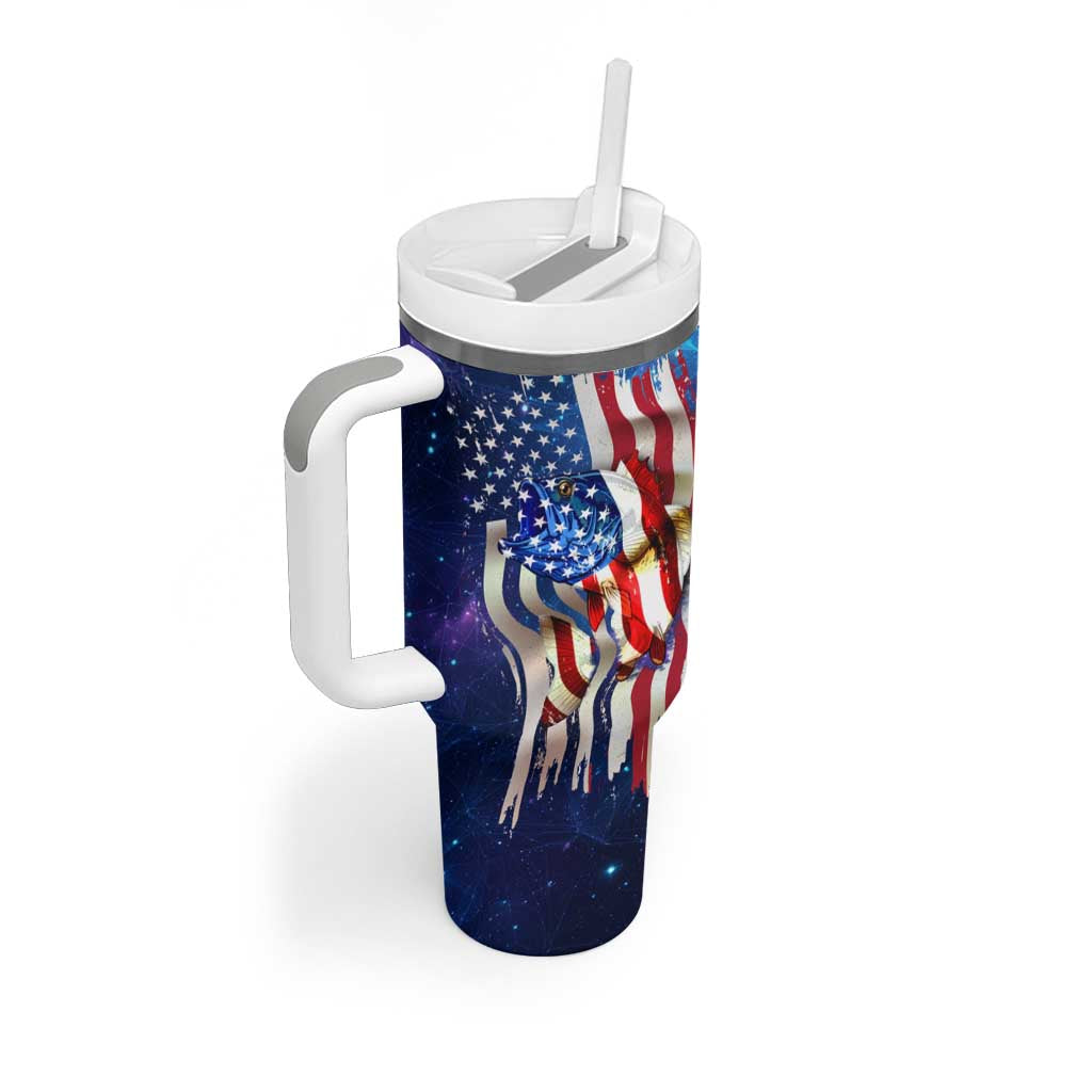 Bass Fishing Tumbler With Handle American Flag Patriotic and Cosmic Galaxy in Blue Red - Wonder Print Shop
