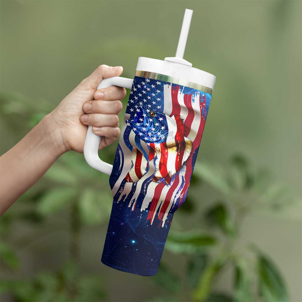 Bass Fishing Tumbler With Handle American Flag Patriotic and Cosmic Galaxy in Blue Red - Wonder Print Shop