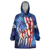 Bass Fishing Wearable Blanket Hoodie American Flag Patriotic and Cosmic Galaxy in Blue Red - Wonder Print Shop