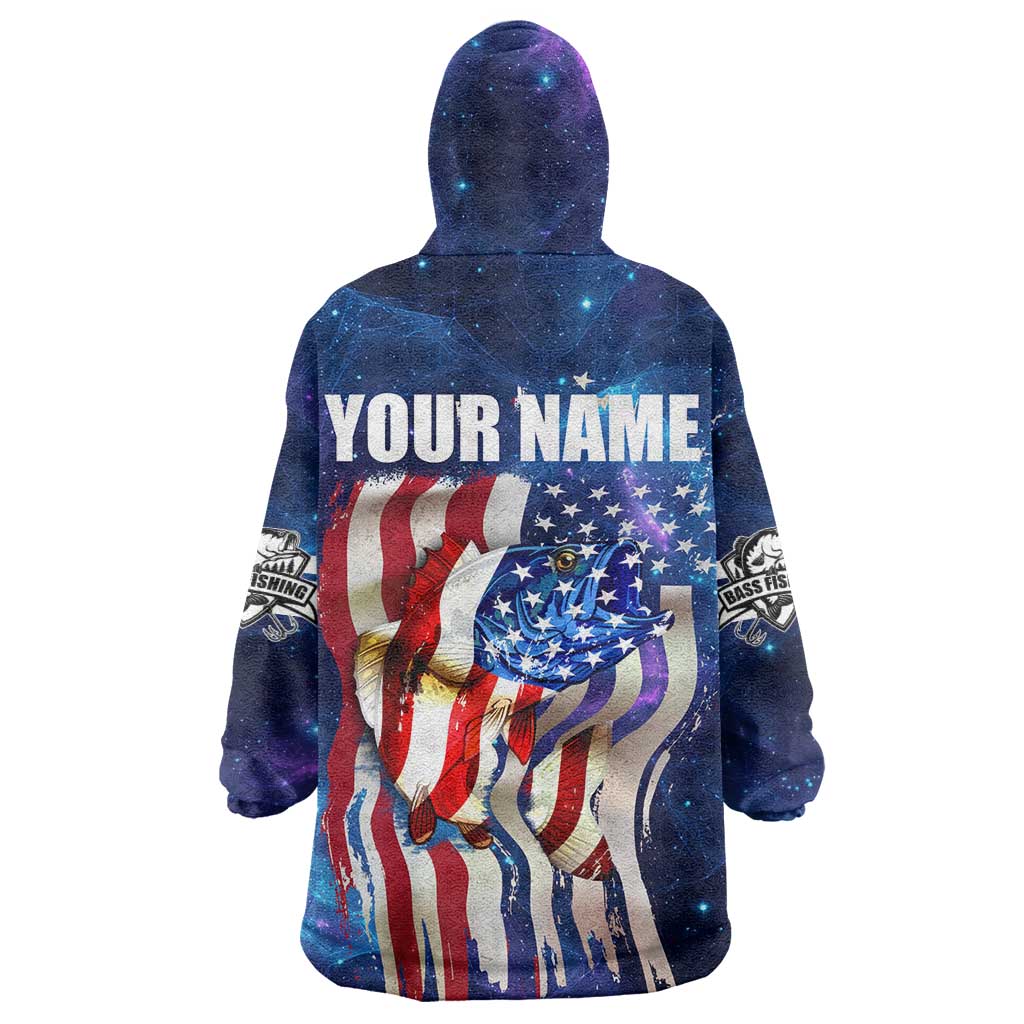 Bass Fishing Wearable Blanket Hoodie American Flag Patriotic and Cosmic Galaxy in Blue Red - Wonder Print Shop