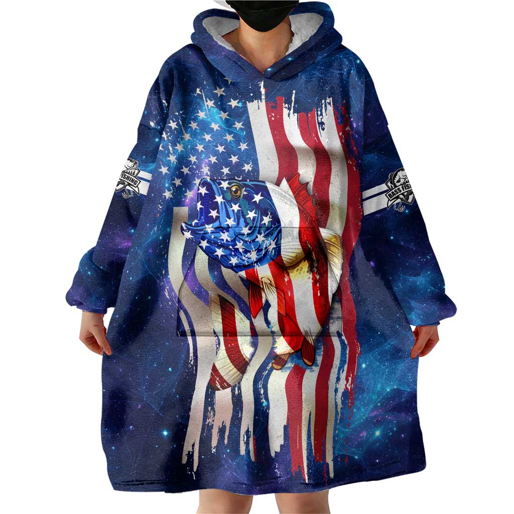 Bass Fishing Wearable Blanket Hoodie American Flag Patriotic and Cosmic Galaxy in Blue Red - Wonder Print Shop