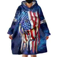 Bass Fishing Wearable Blanket Hoodie American Flag Patriotic and Cosmic Galaxy in Blue Red - Wonder Print Shop