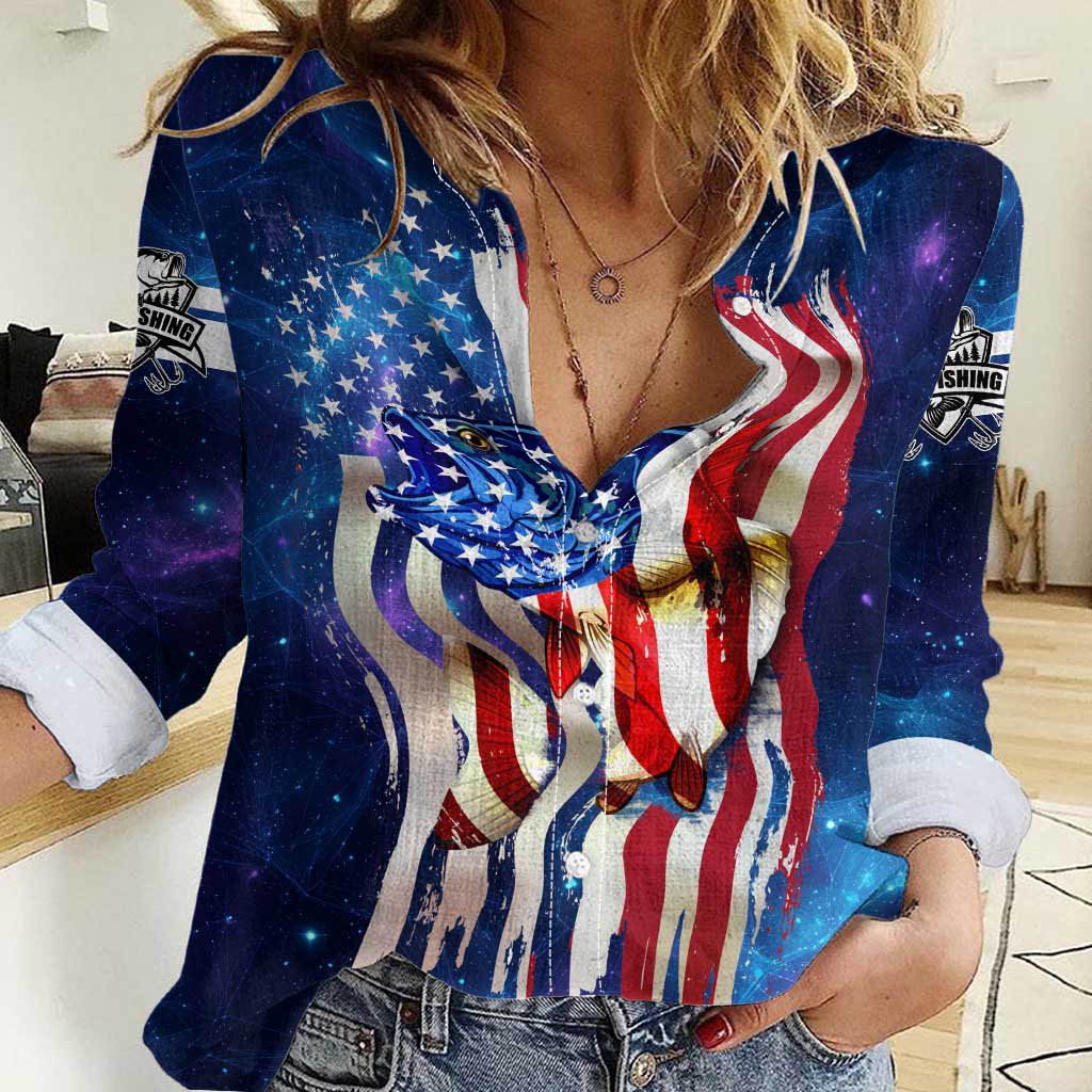 Bass Fishing Women Casual Shirt American Flag Patriotic and Cosmic Galaxy in Blue Red - Wonder Print Shop