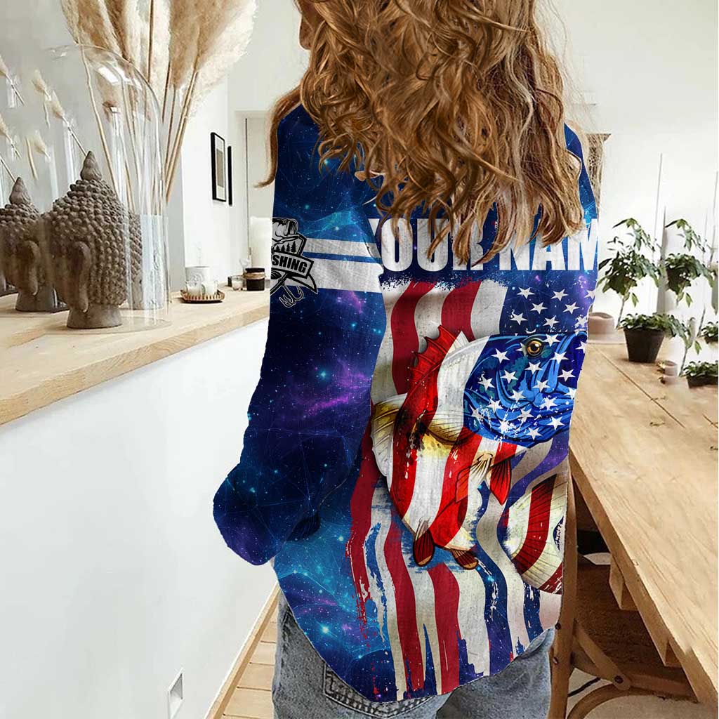 Bass Fishing Women Casual Shirt American Flag Patriotic and Cosmic Galaxy in Blue Red - Wonder Print Shop