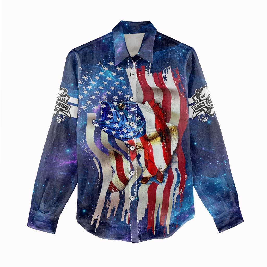 Bass Fishing Women Casual Shirt American Flag Patriotic and Cosmic Galaxy in Blue Red - Wonder Print Shop