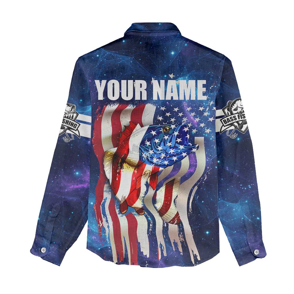 Bass Fishing Women Casual Shirt American Flag Patriotic and Cosmic Galaxy in Blue Red - Wonder Print Shop