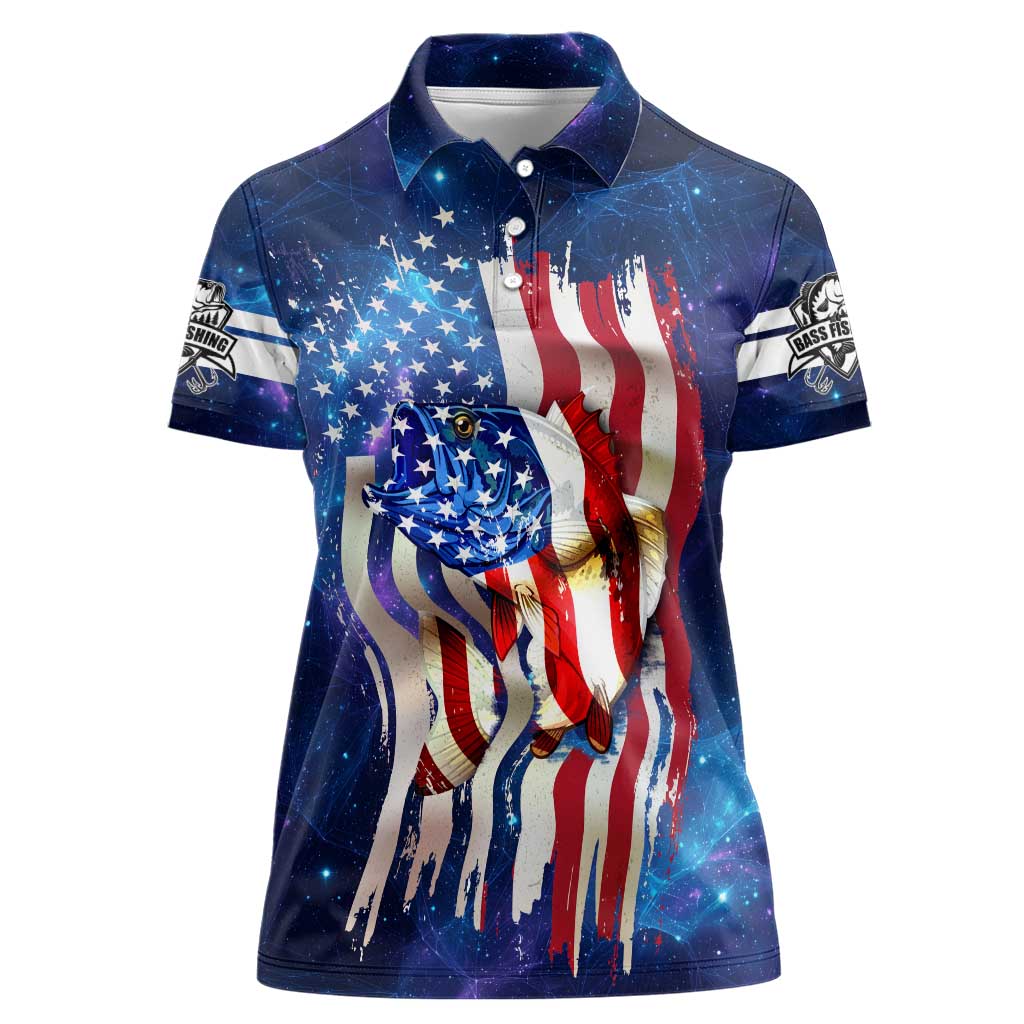 Bass Fishing Women Polo Shirt American Flag Patriotic and Cosmic Galaxy in Blue Red - Wonder Print Shop