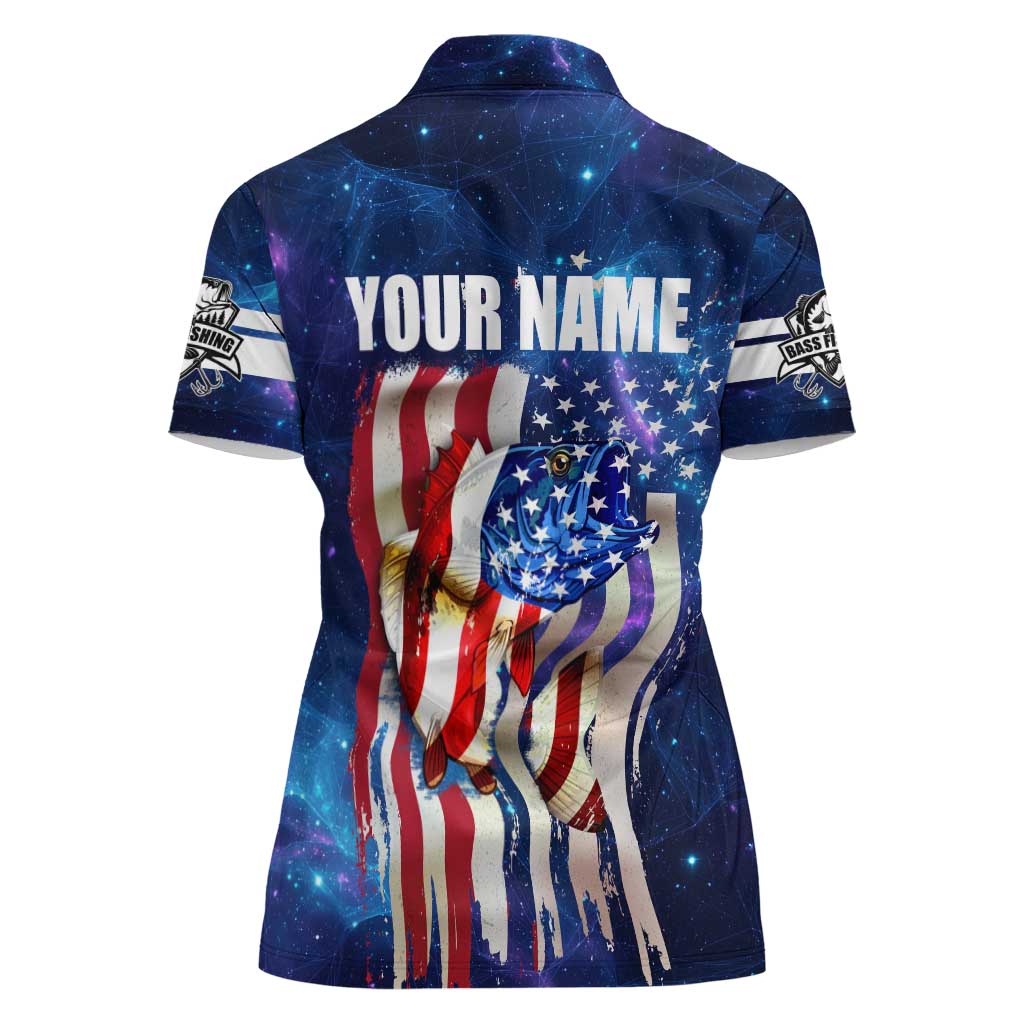 Bass Fishing Women Polo Shirt American Flag Patriotic and Cosmic Galaxy in Blue Red - Wonder Print Shop