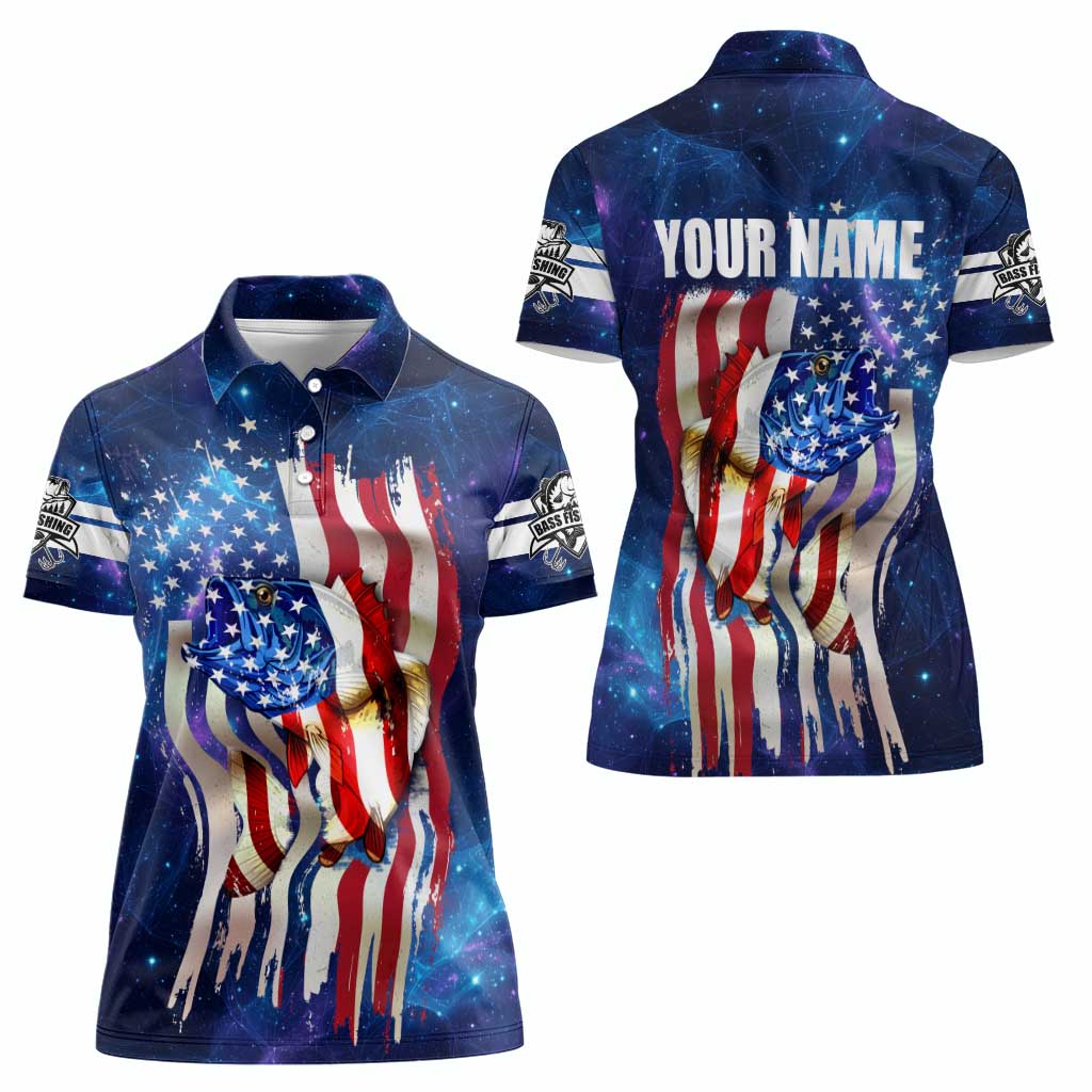 Bass Fishing Women Polo Shirt American Flag Patriotic and Cosmic Galaxy in Blue Red - Wonder Print Shop