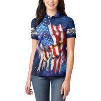 Bass Fishing Women Polo Shirt American Flag Patriotic and Cosmic Galaxy in Blue Red - Wonder Print Shop