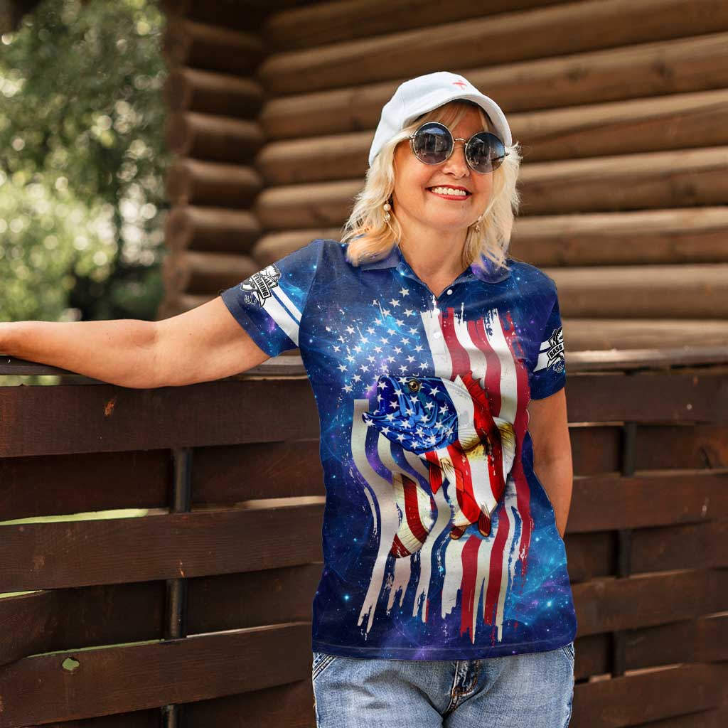 Bass Fishing Women Polo Shirt American Flag Patriotic and Cosmic Galaxy in Blue Red - Wonder Print Shop
