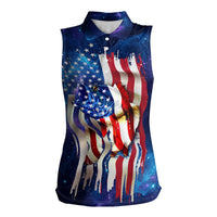 Bass Fishing Women Sleeveless Polo Shirt American Flag Patriotic and Cosmic Galaxy in Blue Red - Wonder Print Shop