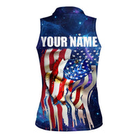 Bass Fishing Women Sleeveless Polo Shirt American Flag Patriotic and Cosmic Galaxy in Blue Red - Wonder Print Shop