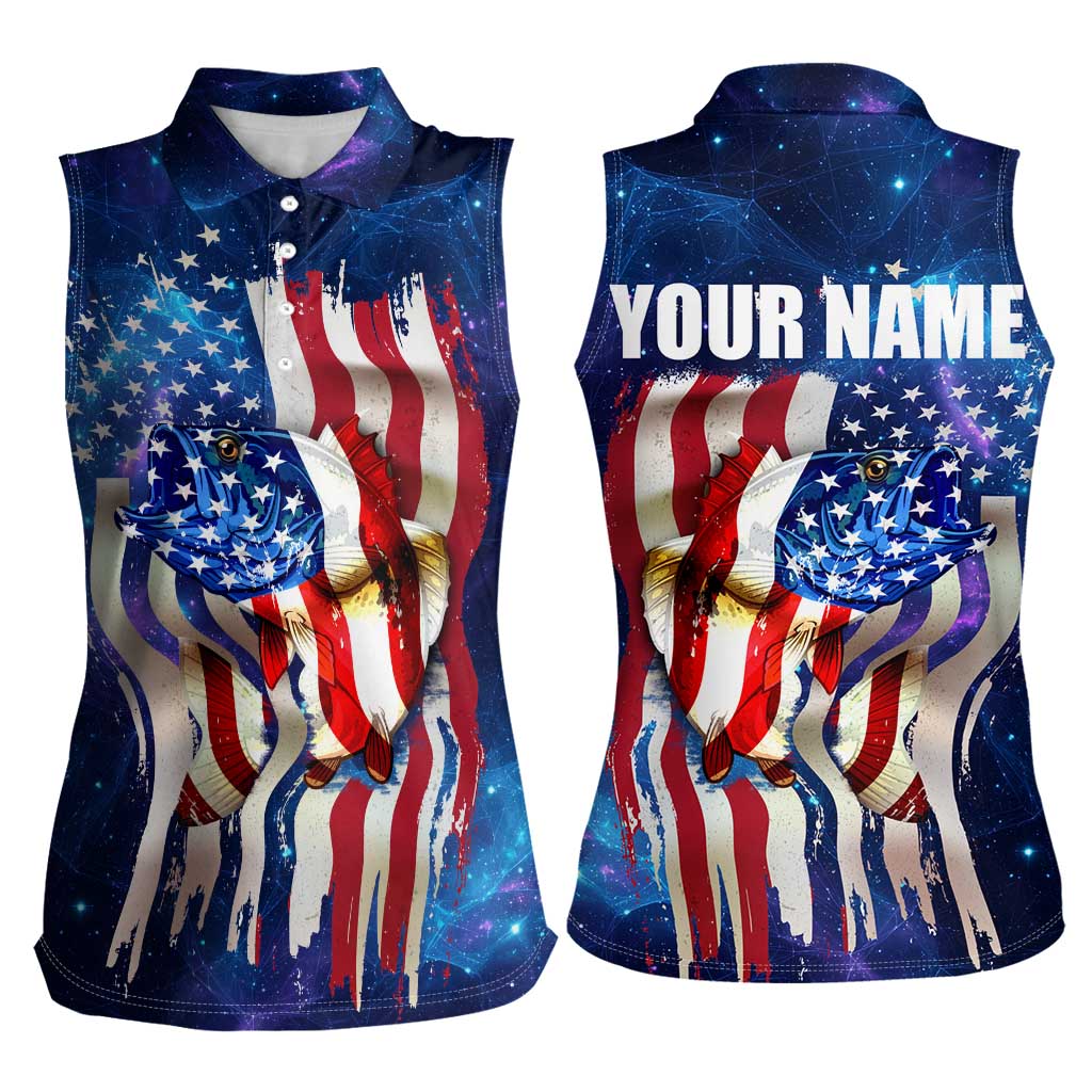Bass Fishing Women Sleeveless Polo Shirt American Flag Patriotic and Cosmic Galaxy in Blue Red - Wonder Print Shop
