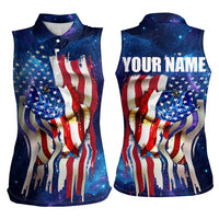 Bass Fishing Women Sleeveless Polo Shirt American Flag Patriotic and Cosmic Galaxy in Blue Red - Wonder Print Shop