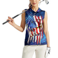 Bass Fishing Women Sleeveless Polo Shirt American Flag Patriotic and Cosmic Galaxy in Blue Red - Wonder Print Shop