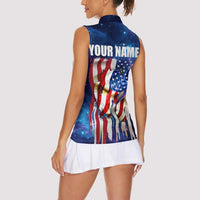 Bass Fishing Women Sleeveless Polo Shirt American Flag Patriotic and Cosmic Galaxy in Blue Red - Wonder Print Shop