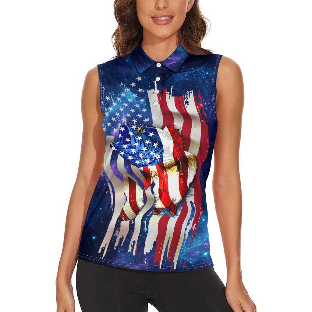 Bass Fishing Women Sleeveless Polo Shirt American Flag Patriotic and Cosmic Galaxy in Blue Red - Wonder Print Shop