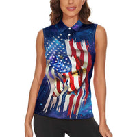 Bass Fishing Women Sleeveless Polo Shirt American Flag Patriotic and Cosmic Galaxy in Blue Red - Wonder Print Shop