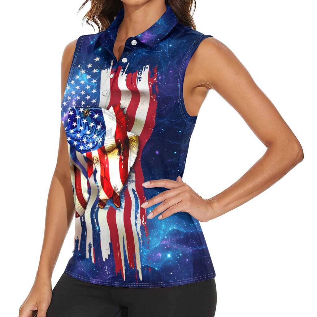 Bass Fishing Women Sleeveless Polo Shirt American Flag Patriotic and Cosmic Galaxy in Blue Red - Wonder Print Shop