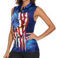Bass Fishing Women Sleeveless Polo Shirt American Flag Patriotic and Cosmic Galaxy in Blue Red - Wonder Print Shop