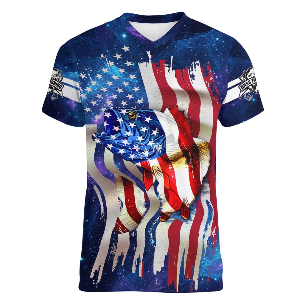 Bass Fishing Women V-Neck T-Shirt American Flag Patriotic and Cosmic Galaxy in Blue Red - Wonder Print Shop
