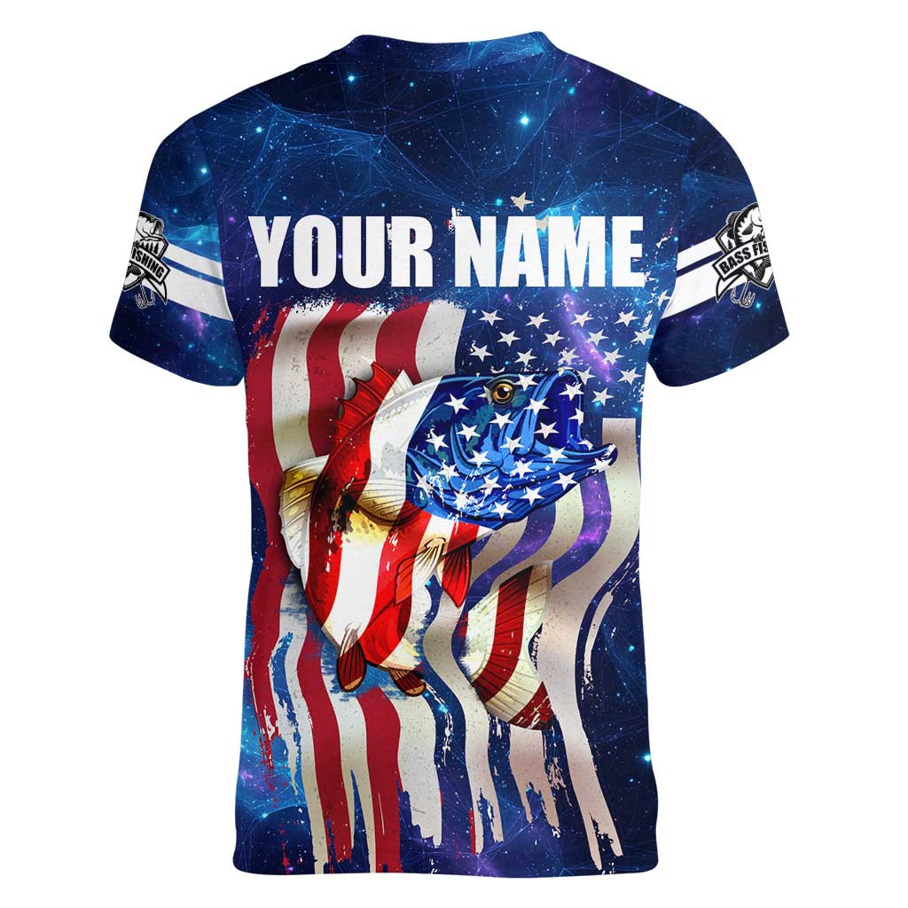 Bass Fishing Women V-Neck T-Shirt American Flag Patriotic and Cosmic Galaxy in Blue Red - Wonder Print Shop