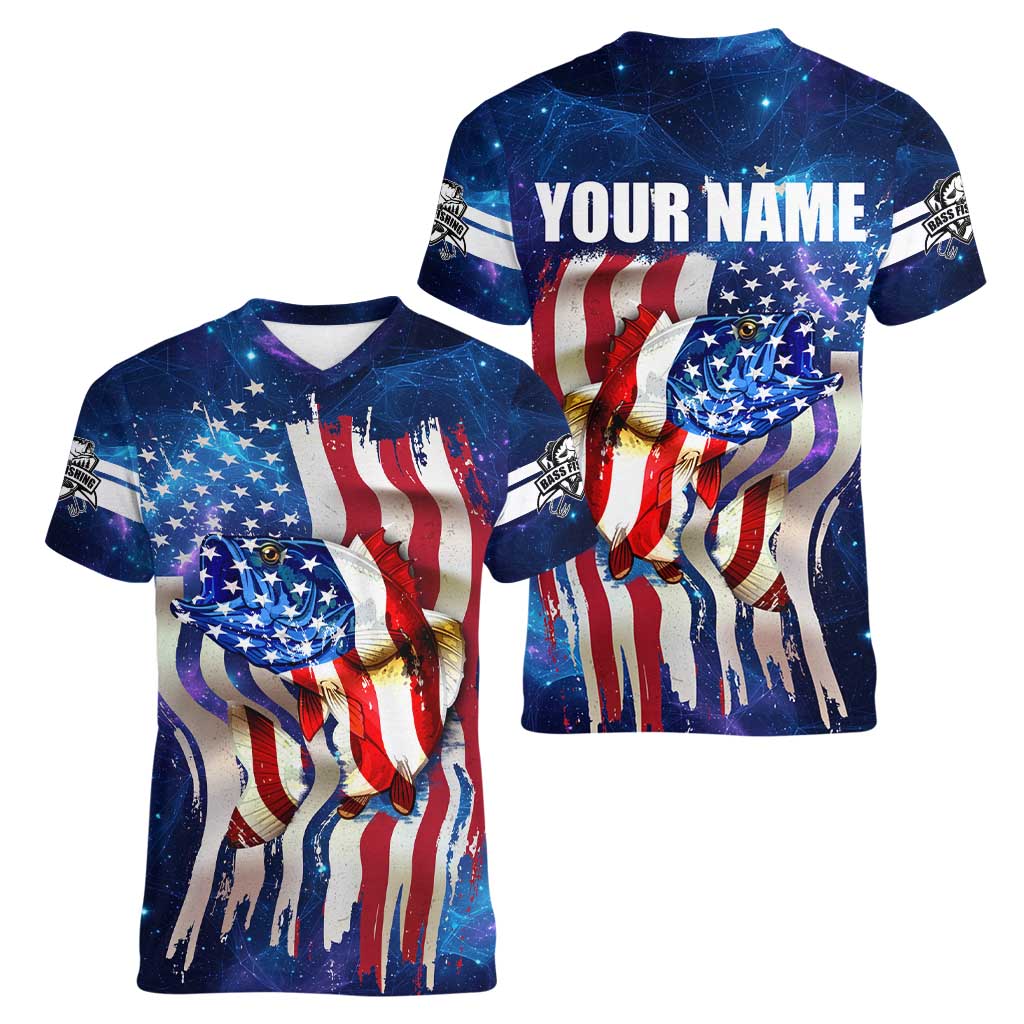 Bass Fishing Women V-Neck T-Shirt American Flag Patriotic and Cosmic Galaxy in Blue Red - Wonder Print Shop