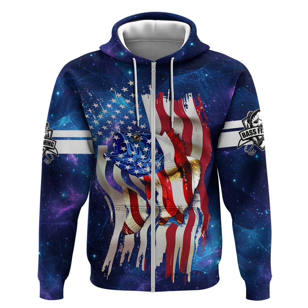 Bass Fishing Zip Hoodie American Flag Patriotic and Cosmic Galaxy in Blue Red - Wonder Print Shop