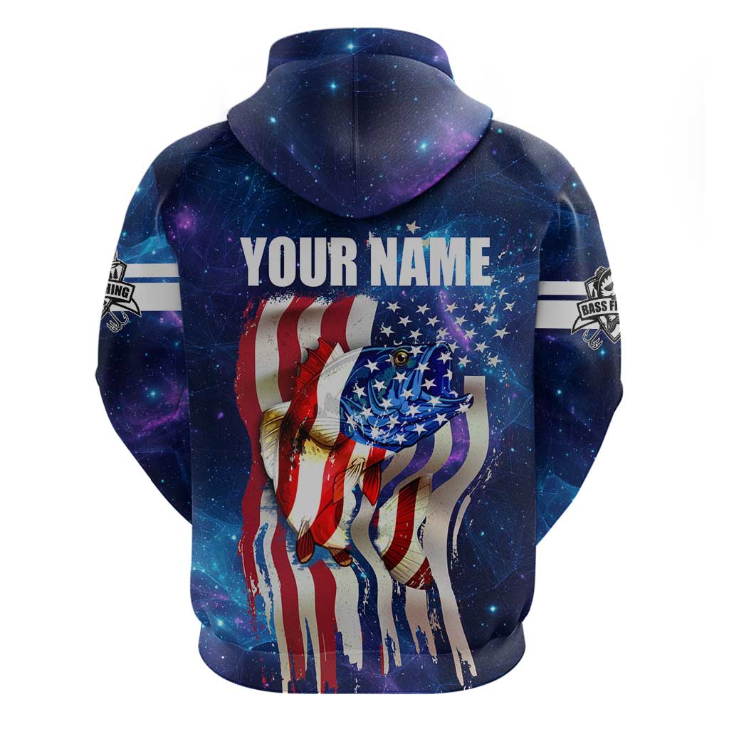 Bass Fishing Zip Hoodie American Flag Patriotic and Cosmic Galaxy in Blue Red - Wonder Print Shop