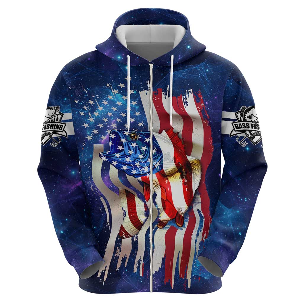 Bass Fishing Zip Hoodie American Flag Patriotic and Cosmic Galaxy in Blue Red - Wonder Print Shop
