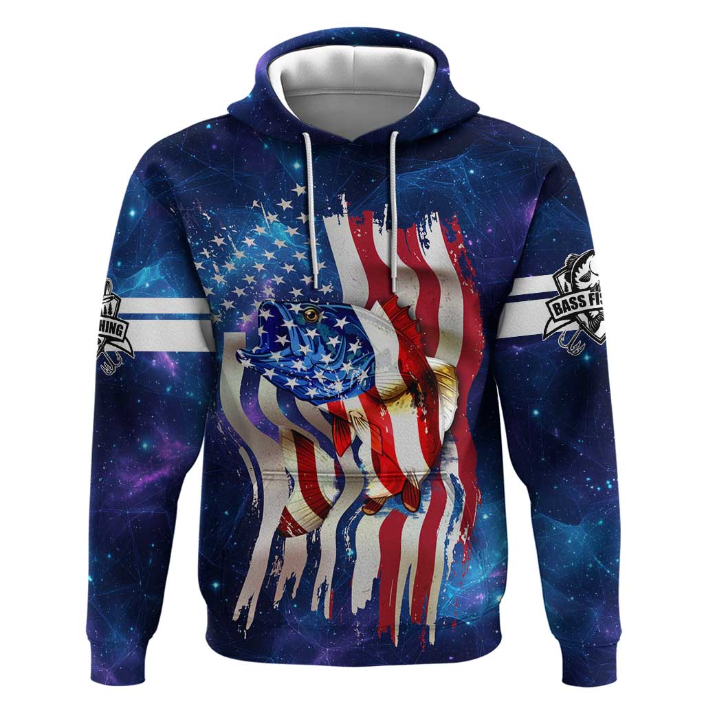 Bass Fishing Zip Hoodie American Flag Patriotic and Cosmic Galaxy in Blue Red - Wonder Print Shop