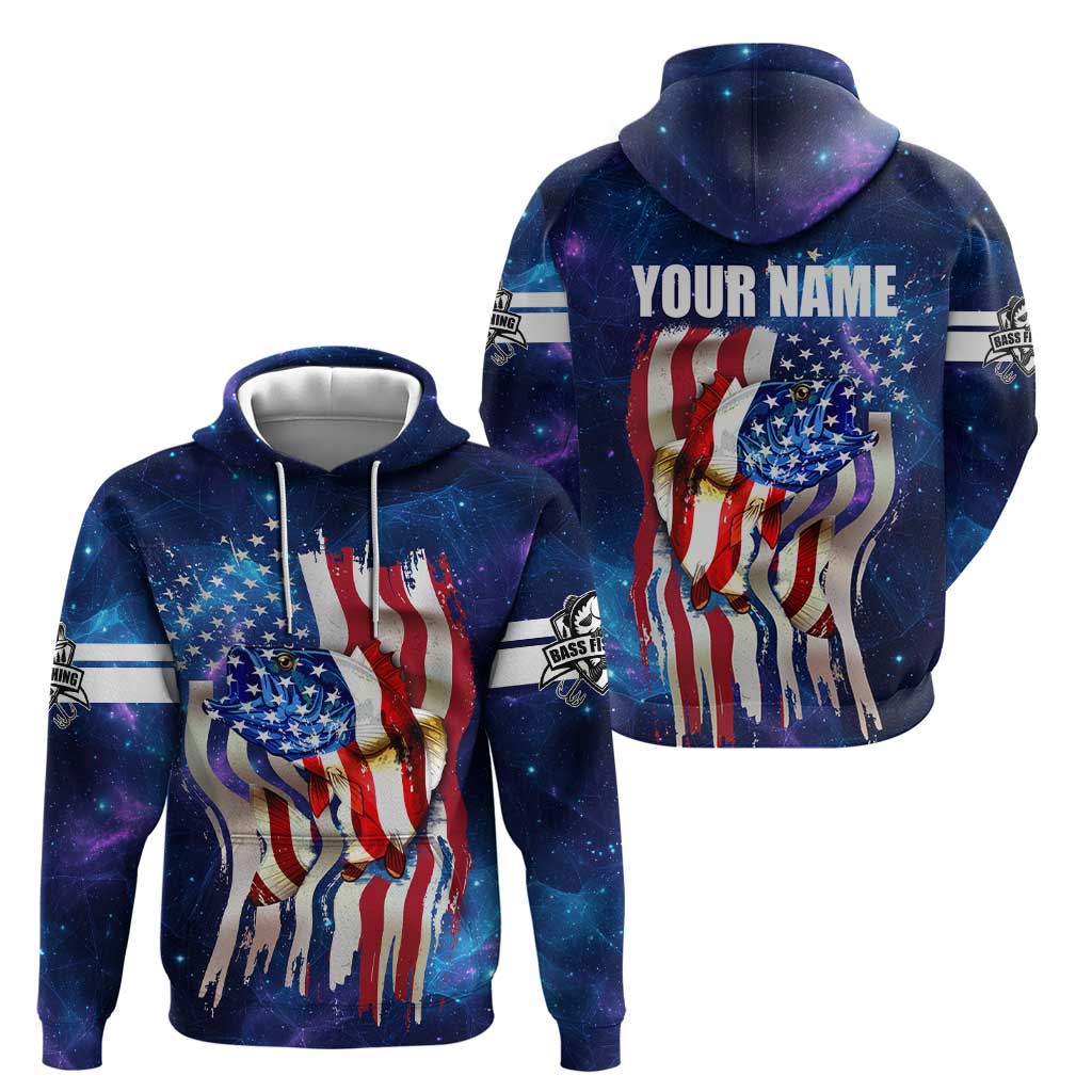 Bass Fishing Zip Hoodie American Flag Patriotic and Cosmic Galaxy in Blue Red - Wonder Print Shop