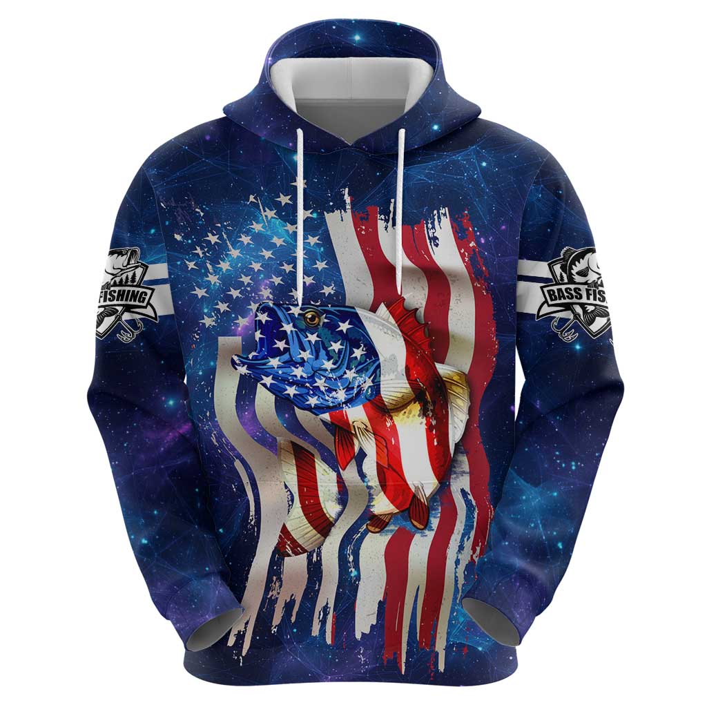 Bass Fishing Zip Hoodie American Flag Patriotic and Cosmic Galaxy in Blue Red - Wonder Print Shop