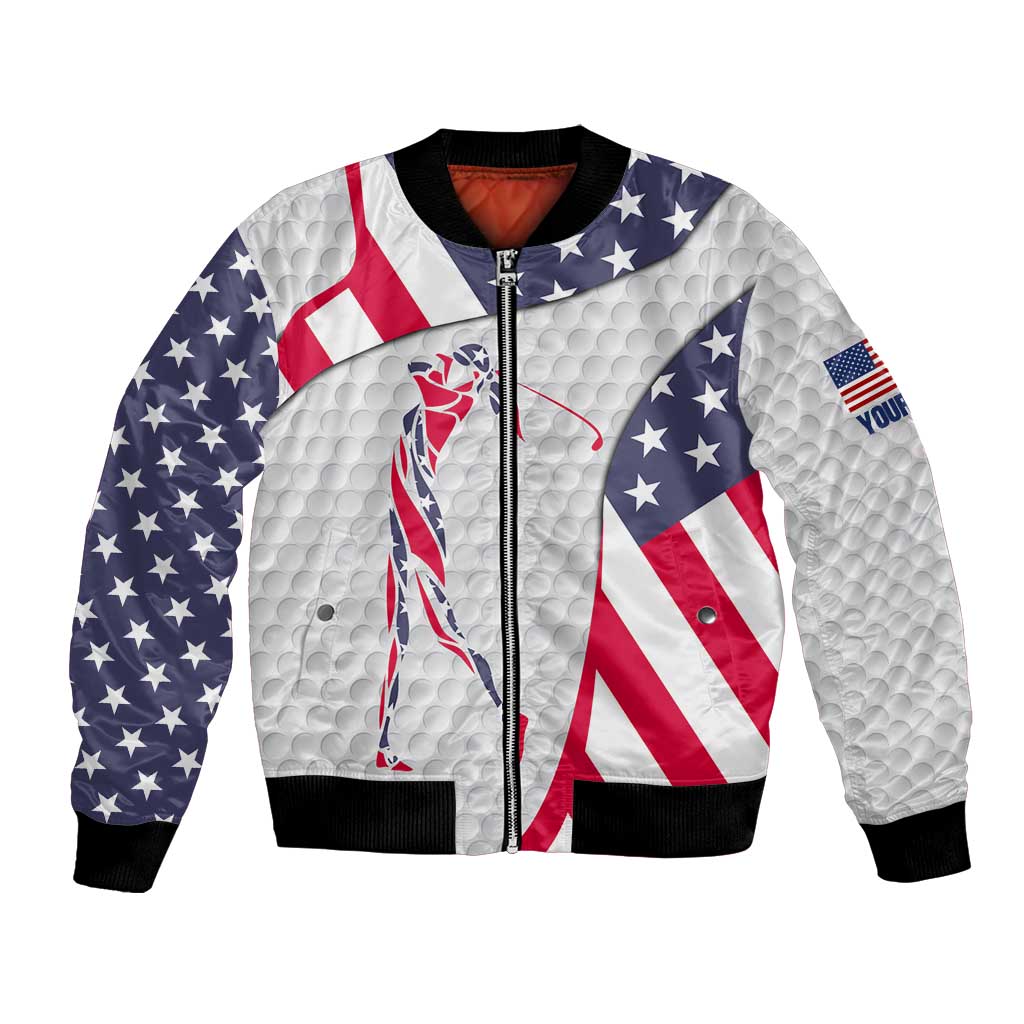 Personalized American Flag Golf Bomber Jacket Female Silhouette and Red White Blue Golf Bag Graphic - Wonder Print Shop