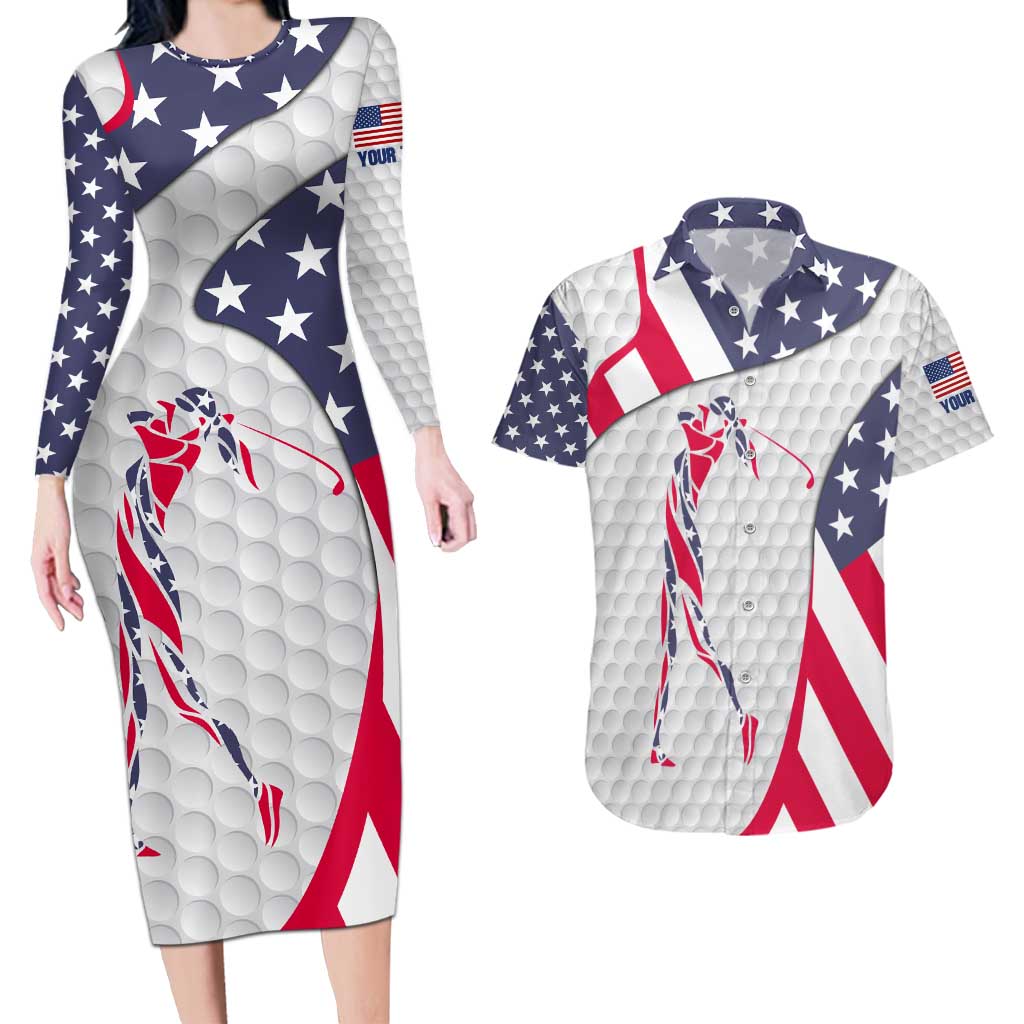 Personalized American Flag Golf Couples Matching Long Sleeve Bodycon Dress and Hawaiian Shirt Female Silhouette and Red White Blue Golf Bag Graphic - Wonder Print Shop