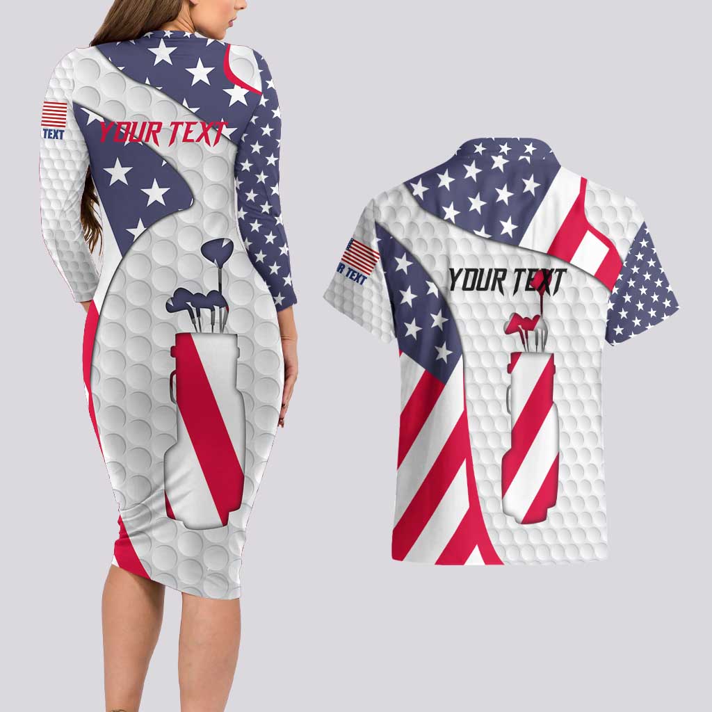 Personalized American Flag Golf Couples Matching Long Sleeve Bodycon Dress and Hawaiian Shirt Female Silhouette and Red White Blue Golf Bag Graphic - Wonder Print Shop