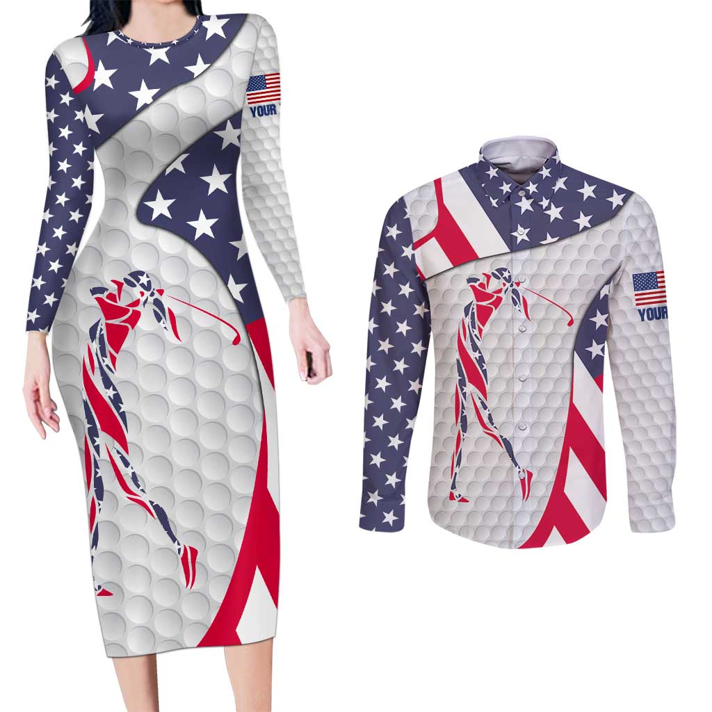 Personalized American Flag Golf Couples Matching Long Sleeve Bodycon Dress and Long Sleeve Button Shirt Female Silhouette and Red White Blue Golf Bag Graphic - Wonder Print Shop