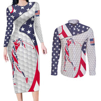 Personalized American Flag Golf Couples Matching Long Sleeve Bodycon Dress and Long Sleeve Button Shirt Female Silhouette and Red White Blue Golf Bag Graphic - Wonder Print Shop