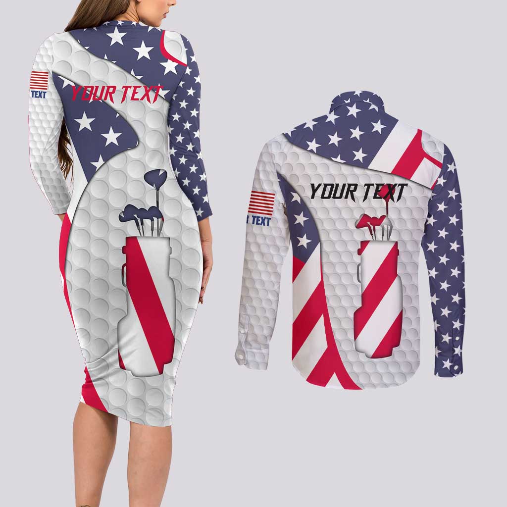 Personalized American Flag Golf Couples Matching Long Sleeve Bodycon Dress and Long Sleeve Button Shirt Female Silhouette and Red White Blue Golf Bag Graphic - Wonder Print Shop